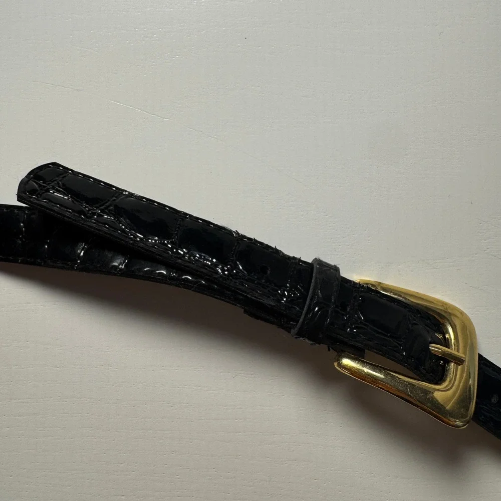 Vtg Black Croc Embossed Skinny Belt Gold Buckle Old‎ Money Preppy Chic Quiet Lux
